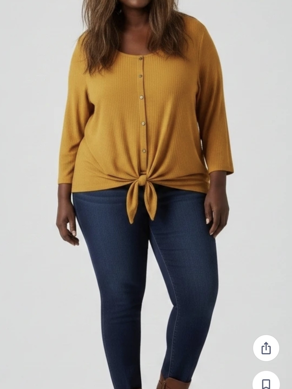 Mustard Tie-Front Ribbed Button Top - Women